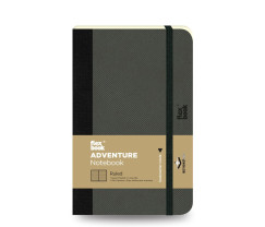 Flexbook Adventure vonalas jegyzetfüzet – fekete, 9 × 14 cm, műbőr borítóval, belső zsebbel és könyvjelzővel