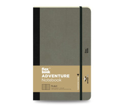 Flexbook Adventure vonalas jegyzetfüzet elefántszürke, 13 × 21 cm, műbőr borítóval, belső zsebbel és könyvjelzővel