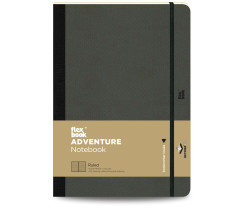 Flexbook Adventure vonalas jegyzetfüzet fekete, 17 × 24 cm, műbőr borítóval, belső zsebbel és könyvjelzővel