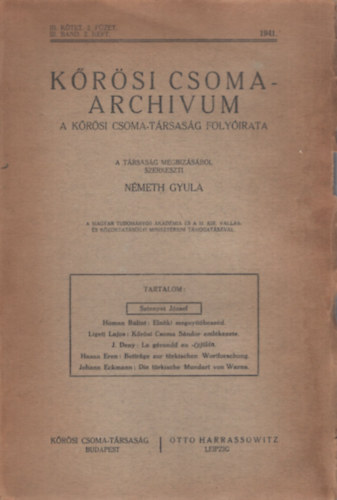 N�meth Gyula  (szerk.) - K�r�si Csoma-archivum - A K�r�si Csoma-T�rsas�g foly�irata (3. k�tet. 2. f�zet)
