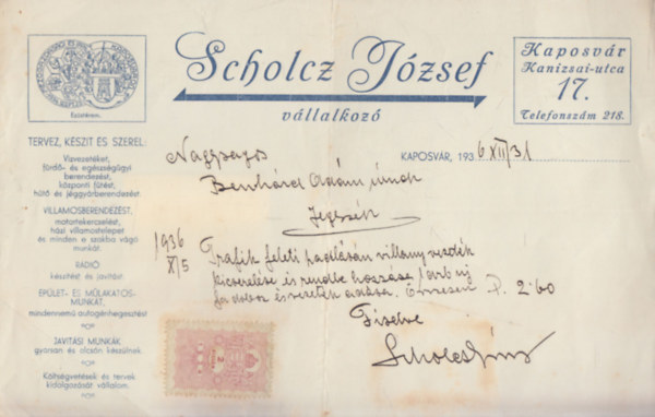 Szmla - Scholcz Jzsef vllalkoz (1936)