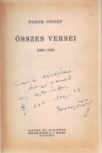 Fodor Jzsef - Fodor Jzsef sszes versei ( 1922-1942 )