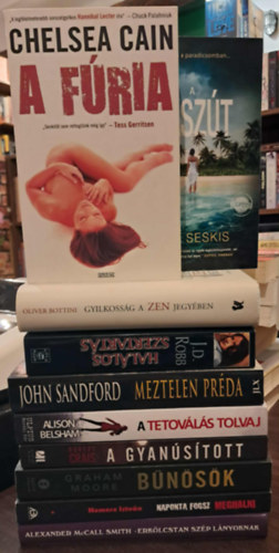 Nemere Istvn, Graham Moore, Robert Crais, Alison Belsham, Chelsea Cain, J. D. Robb , John Sandford, Tina Seskis, Oliver Bottini Alexander McCall Smith (Nora Roberts) - 10 db krimi KNYVMENT AJNLAT: Erklcstelen szp lnyoknak, Naponta fogsz meghalni, Bnsk, A gyanstott, A tetovls tolvaj, A fria, Hallos szertarts, Meztelen prda, A nszt, Gyilkossg a zen jegyben