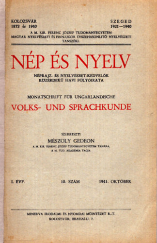 Mszly Gedeon  (szerk.) - Np s nyelv - Nprajz- s Nyelvszet-kedvelk kzrdek havi folyirata I. vf. 10. szm 1941. oktber