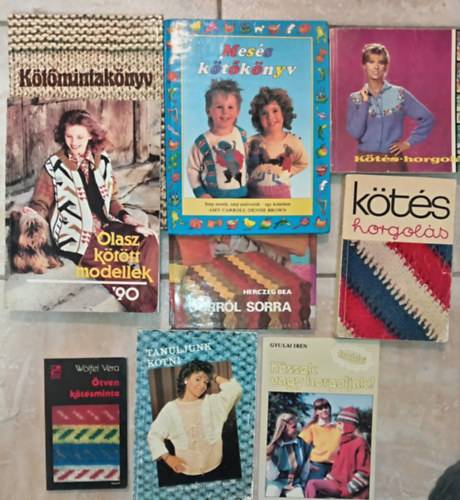 (9db) Hobbi k�t�s k�nyvcsomag: K�t�mintak�nyv / Mes�s k�t�k�nyv / Sorr�l sorra / Olasz k�t�tt modellek '90 / K�t�s-horgol�s / K�ssek vagy horgoljak? / K�t�s horgol�s '69 / Tanuljunk k�tni / �tven k�t�sminta