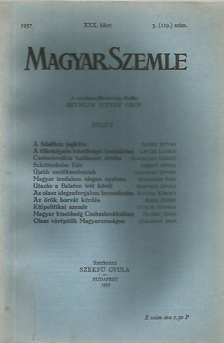 Bethlen Istv�n gr�f - Magyar Szemle 1937. j�lius XXX. k�tet 3. (119) sz�m