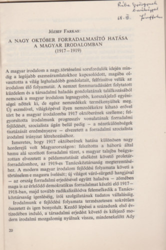 József Farkas - A nagy október forradalmasító hatása a magyar irodalomban (1917-1919). (Különlenyomat a Nagy Október és a Magyarországi Forradalmak című kiadványból)