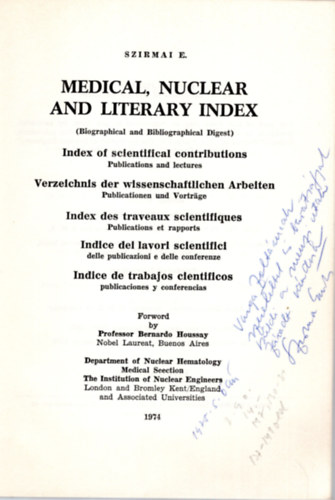 Szirmai Endre - Medical, nuclear and literary index- dediklt