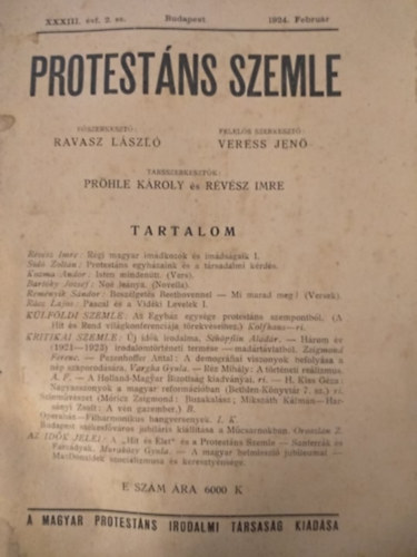 R�v�sz Imre Ravasz L�szl� - Sid� Zolt�n - Kozma Andor - Rem�nyik S�ndor - R�cz Lajos - Protest�ns szemle 1924. Febru�r