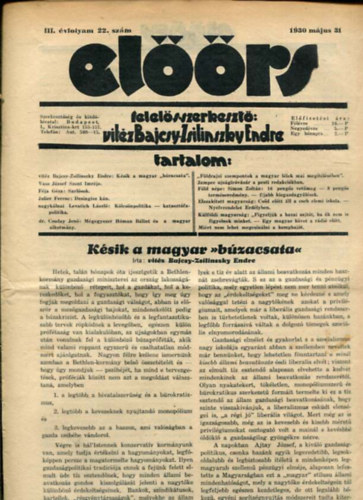 vitéz Bajcsy-Zsilinszky Endre ( felelős szerkesztő) - Előörs folyóirat III. évf. 22. szám. 1930. május 31.
