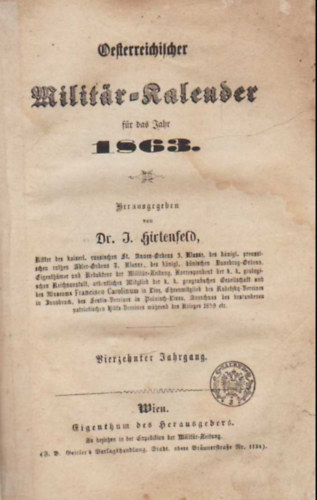 Dr. I. Hirtenfeld - Oesterreicchilcher Milit�r-kalender 1863