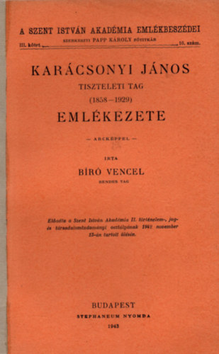 Br Vengel - Karcsonyi Jnos tiszteleti tag emlkezete