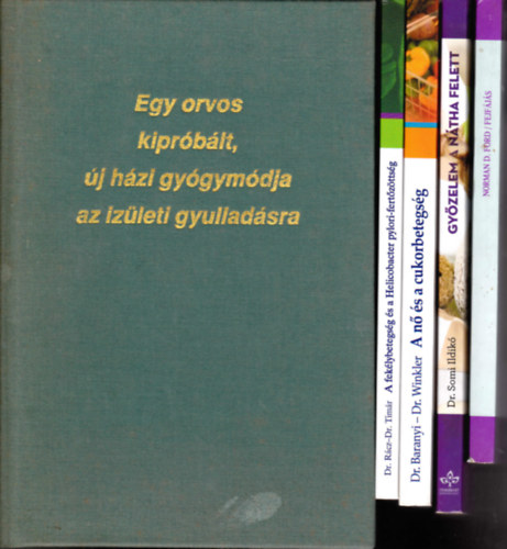 5 db orvosi könyv:Rácz István-Timár Marietta:A fekélybetegség és a Helicobacter pylorifertőzöttség+N.D.Ford:Fejfájás+Somi I.:Győzelem a nátha felett+Baranyi É-Winkler G.:A nő és a cukorbetegség+Campbell:Egy orvos kipróbált,új há