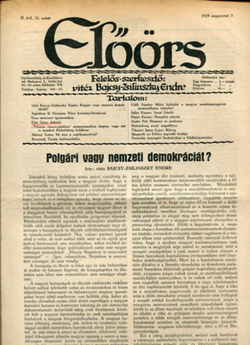 vit�z Bajcsy-Zsilinszky Endre  ( felel�s szerkeszt�) - El��rs foly�irat II. �vf. 31. sz�m. 1929. augusztus 3.