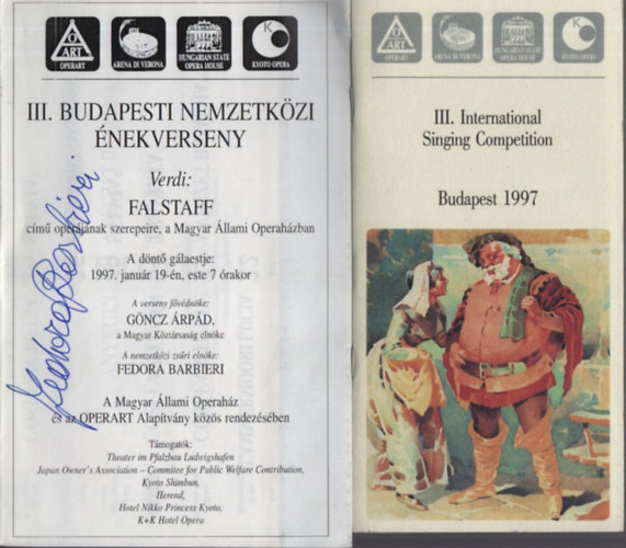 III. Budapesti Nemzetk�zi �nekverseny (2 db. m�sorf�zet)- Fedora Barbieri (zs�rieln�k) �ltal al��rt