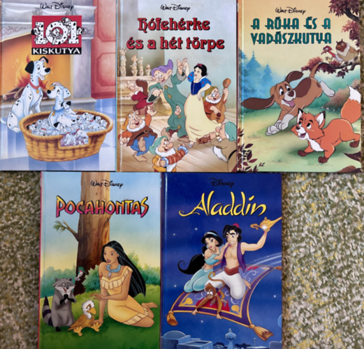 Walt Disney - 5 db DISNEY mesek�nyv: Aladdin, H�feh�rke �s a h�t t�rpe, A r�ka �s a vad�szkutya, 101 kiskutya, Pocahontas