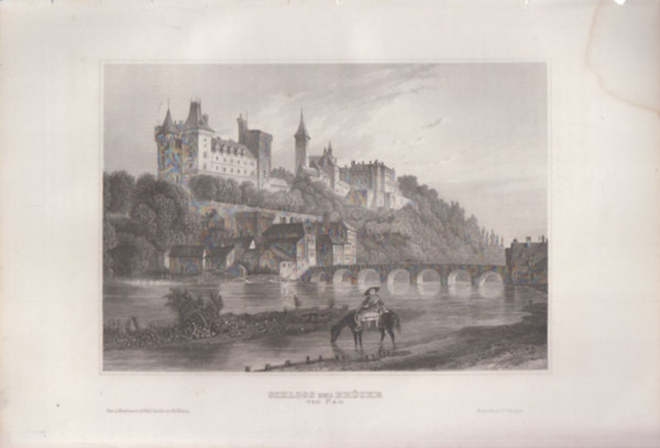 Schloss und Brcke (Kastly s hd, Pau, Franciaorszg, Eurpa) (16x23,5 cm lapmret eredeti aclmetszet, 1856-bl)