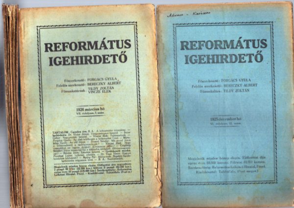 Forgcs Gyula - 7 db Reformtus igehirdet: 1925/december, 1926/mrcius, jnius, augusztus, szeptember, november, december