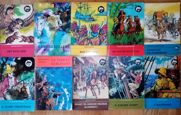 Karl May, Daniel Defoe, Friedrich Gerstcker, Thomas Mayne Reid, Rnaszegi Mikls, Robert Louis Stevenson, Jack London Szrke Bagoly - (10 db) Delfin ifjsgi knyvcsomag: Kt kicsi hd / A sivatag szelleme / Bob kapitny / Az indin bosszja / Aranylz kaliforniban / A fehr trzsfnk / Az indin hercegn / Bogti rnyagy / A kincses sziget / A kalzhaj
