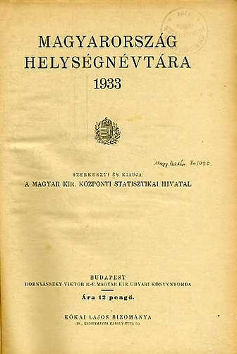 Magyarorsz�g helys�gn�vt�ra 1933