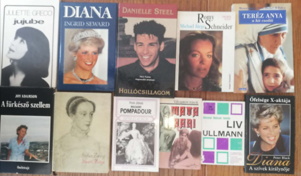 11 k�tet k�lf�ldi h�lgy h�ress�gek �letrajzi k�nyvek (Juliette Greco, Diana, Danielle Steel, Romy Schneider, Ter�z Anya, Joy Aadamson, Stuart M�ria, Pampadour, Mata Hari, Liv Ullmann, )