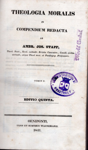 Ambr. jos. stapf - Theologia moralis in compendium redacta 1841-es