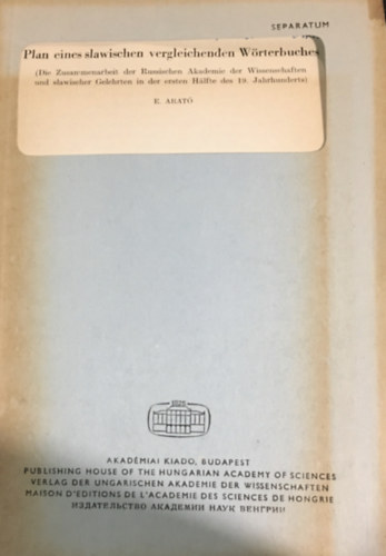Arat� Endre - Plan eines slawischen vergleichenden W�rterbuches