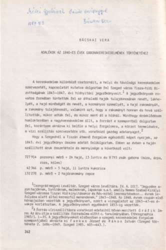 Bcskai Vera - Adalkok az 1840-es vek gabonakereskedelmnek trtnethez - Klnlenyomat - dediklt