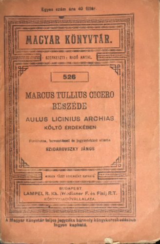 Szidarovszky Jnos - Marcus Tullius Cicero beszde Aulus Licinius Archias klt rdekben