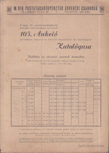 M. Kir. Postatakarkpnztr rversi Csarnoka 105. aukcijnak katalgusa