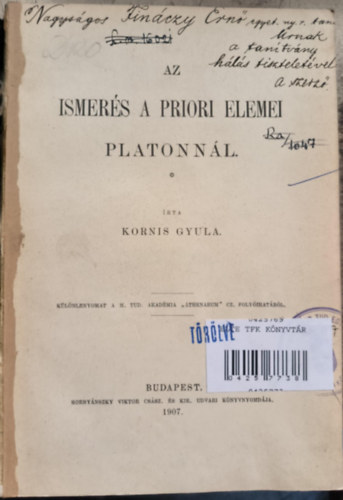 Kornis Gyula - Az ismer�s a priori elemei Platonn�l (1907)