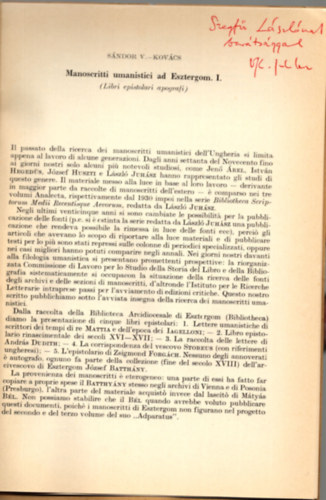 V. Kovács Sándor - Manoscritti umanistici ad Esztergom. I (Humanista kéziratok Esztergomban olasz nyelvű kézirat)
