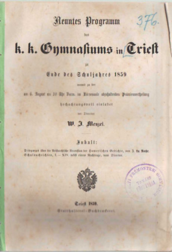 Neuntes Programm des k. k. Gymnasiums in Triest zu ende des Schuljahres 1859