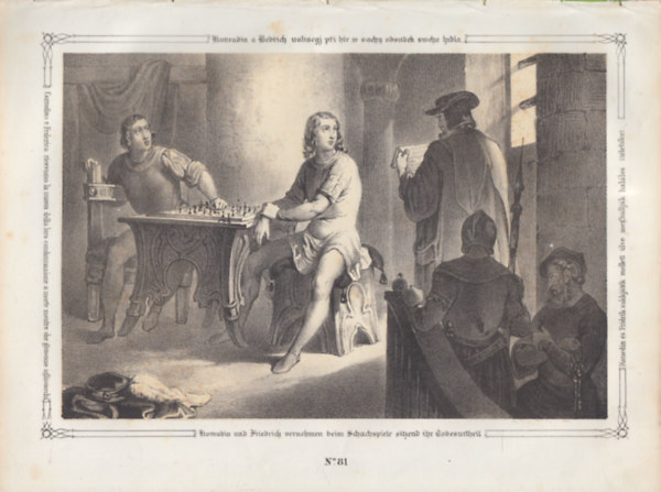 Konredin és Fridrik sakkjáték mellett ülve meghallják halálos ítéletüket - eredeti litográfia (metszet)