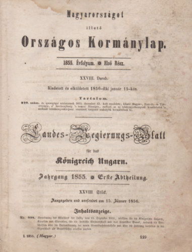 Magyarorszgot illet Orszgos Kormnylap. 1855. vfolyam. Els rsz.