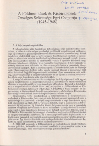 Szecskó Károly - A Földmunkások és Kisbirtokosok Országos Szövetsége Egri Csoportja 1945-1848 - Különlenyomat - dedikált
