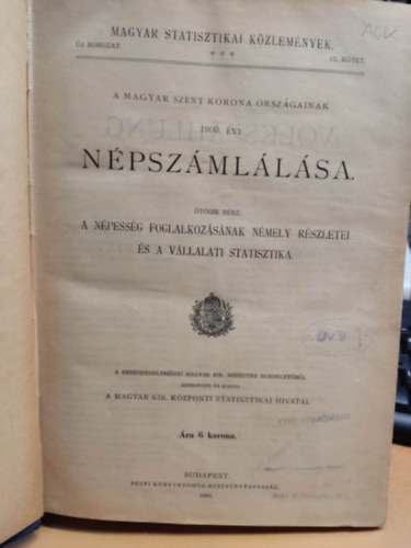 Magyar Kir. Kzponti Statisztikai Hivatal - A Magyar Szent Korona orszgainak 1900. vi Npszmlls, tdik rsz: A npessg foglalkozsnak nmely rszletei s a vllalati statisztika