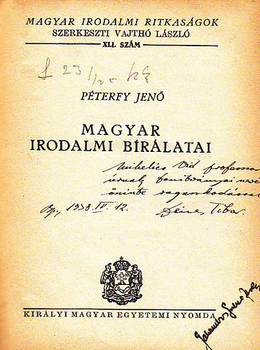 Pterfy Jen magyar irodalmi brlatai (Magyar Irodalmi Ritkasgok 41.)