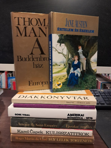 Merle Robert, Gore Vidal, Jane Austen, Thomas Mann, Antoine de Saint-Exupéry, Karel Capek, Roger Martin Du Gard Balzac - 8 db-os szépirodalomi KÖNYVMENTŐ AJÁNLAT: Goriot apó+Két nap az élet+Amerikai Komédia 1876+Értelem és érzelem+A Buddenbrook ház+