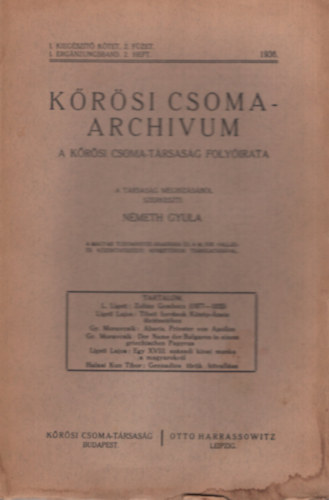 Németh Gyula (szerk.) - Kőrösi Csoma-archivum - A Kőrösi Csoma-Társaság folyóirata (1. kiegészítő kötet. 2. füzet)