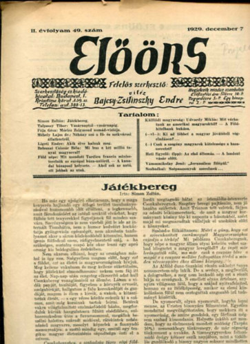 vitz Bajcsy-Zsilinszky Endre  ( felels szerkeszt) - Elrs folyirat II. vf. 49. szm. 1929. december 7.