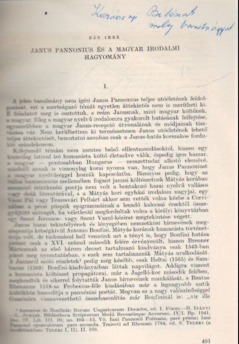 B�n Imre - Janus Pannonius �s a magyar irodalmi hagyom�ny I. - K�l�nlenyomat - Dedik�lt