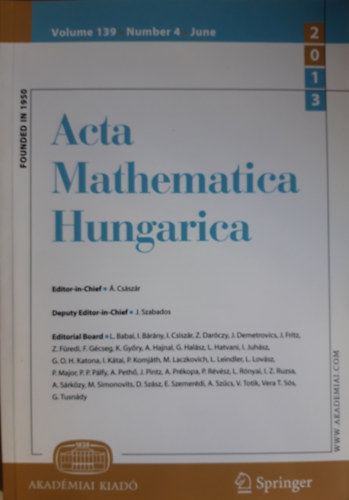 �. Cs�sz�r Editor-in-Chief - Acta Mathematica Hungarica Volume 139, Number 4, June 2013
