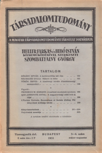 Szombatfalvy Gy�rgy  (Szerk.) - T�rsadalomtudom�ny - A Magyar T�rsadalomtudom�nyi T�rsulat foly�irata 11. �vf. 3-4. sz�m (1931)