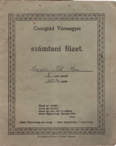 Csongrád Vármegyei számtani füzet