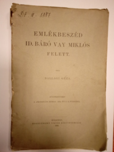 Ballagi Gza - Emlkbeszd id. Br Vay Mikls felett ( Klnlenyomat a Protestns szemle 1894. vi 7-8. fzetbl )