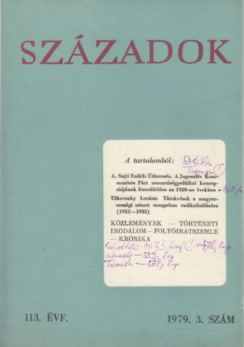 Sz�zadok 1979/3. (A Magyar T�rt�nelmi T�rsulat k�zl�nye)