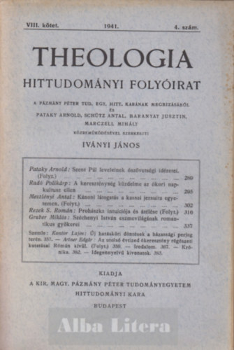 Iványi János (szerk) - Theologia hittudományi folyóirat VIII. kötet 1941. 4. szám