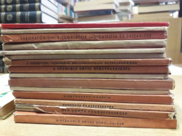 15 db k�nyv gyakorl� orvos k�nyvt�ra sorozatb�l: Dr. Bug�r: Perif�ri�s �rbetegs�gek + Dr. Pataky: �j gy�gyszerek + Dr. Kassay: Bronchologia + Dr. Unghv�ry: Elektro-kardiogr�fia + Fornet: Hasmen�s �s sz�kreked�s + Dr. Miskovits: Nem-