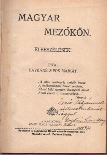 Daykáné Sipos Margit - Magyar mezőkön - elbeszélések- dedikált
